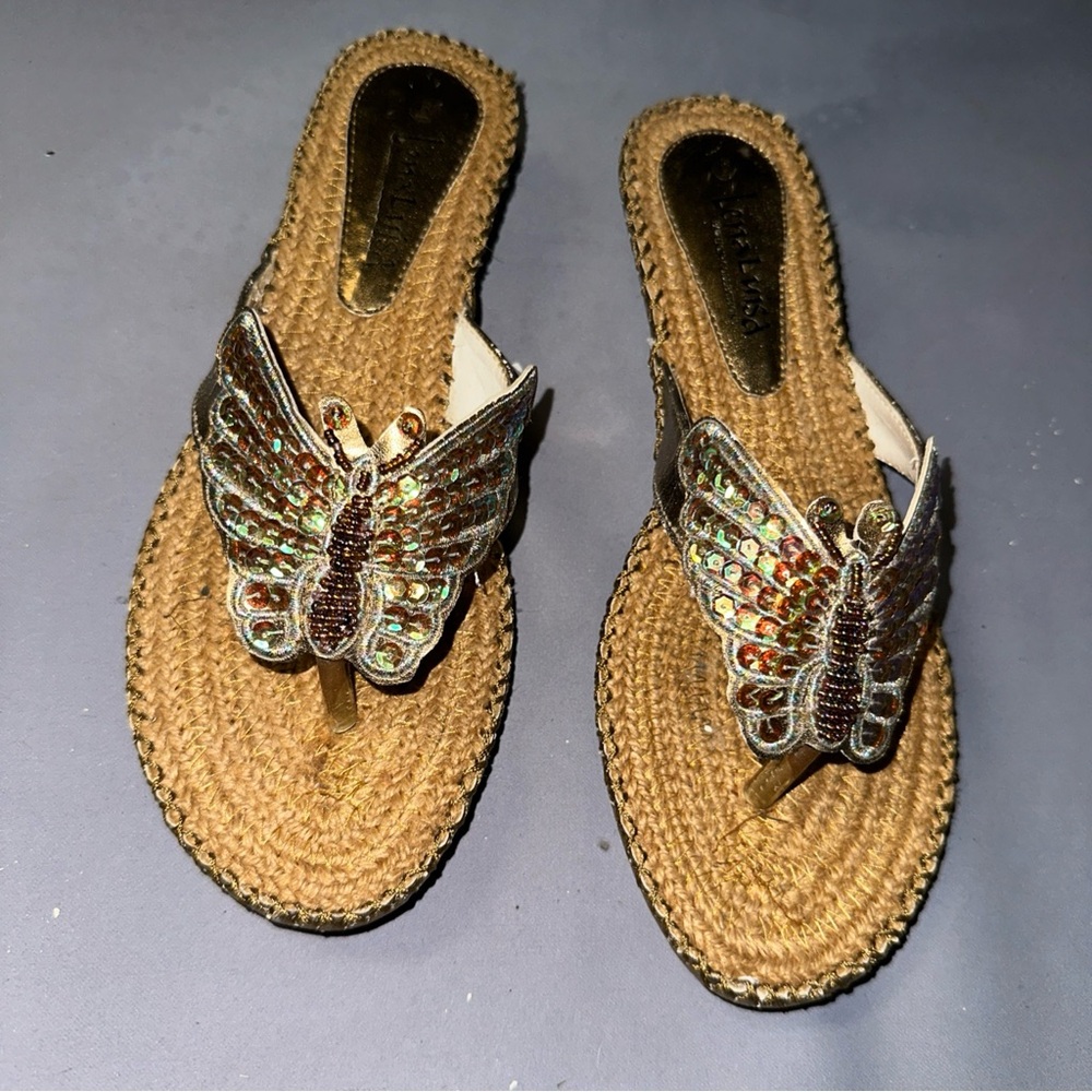 Gold and Brown Sandals with Metallic Straps and Woven Sole